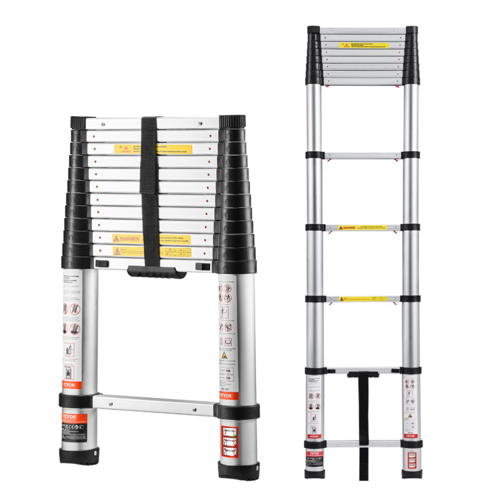 Telescopic aluminum ladder shown in retracted and extended states, featuring safety warnings and a carrying handle for portability.