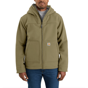 A person is wearing an olive hooded jacket with a front zipper and two pockets, featuring a Carhartt logo, paired with blue jeans.