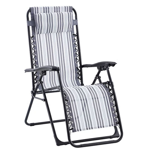 A folding reclining chair features an adjustable headrest and is designed with a black metal frame and striped fabric in shades of gray and white.