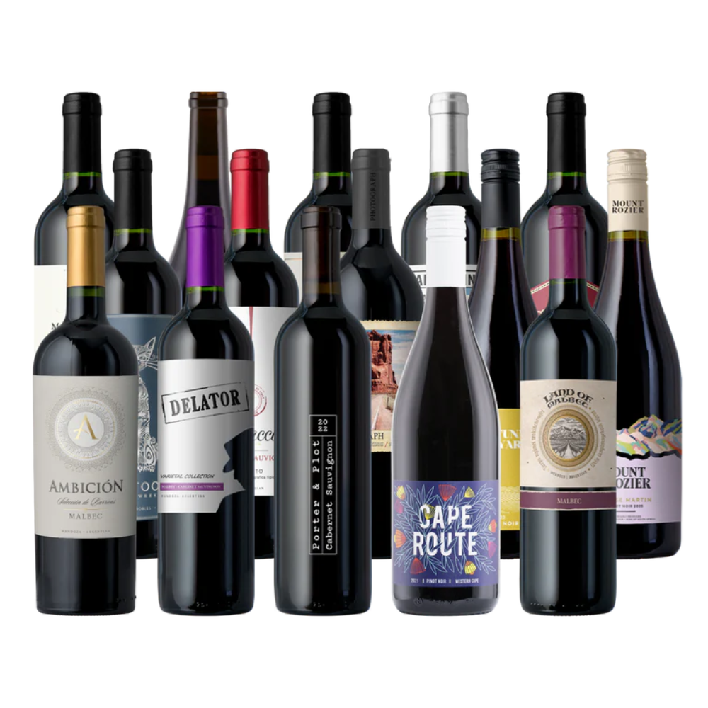 A collection of assorted wine bottles featuring various labels, some indicating types like Malbec, Cabernet Sauvignon, and Pinotage, with diverse design styles and colors of bottle caps.