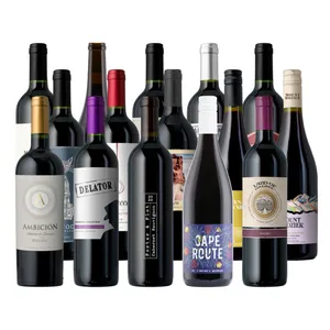 A collection of assorted wine bottles featuring various labels, some indicating types like Malbec, Cabernet Sauvignon, and Pinotage, with diverse design styles and colors of bottle caps.