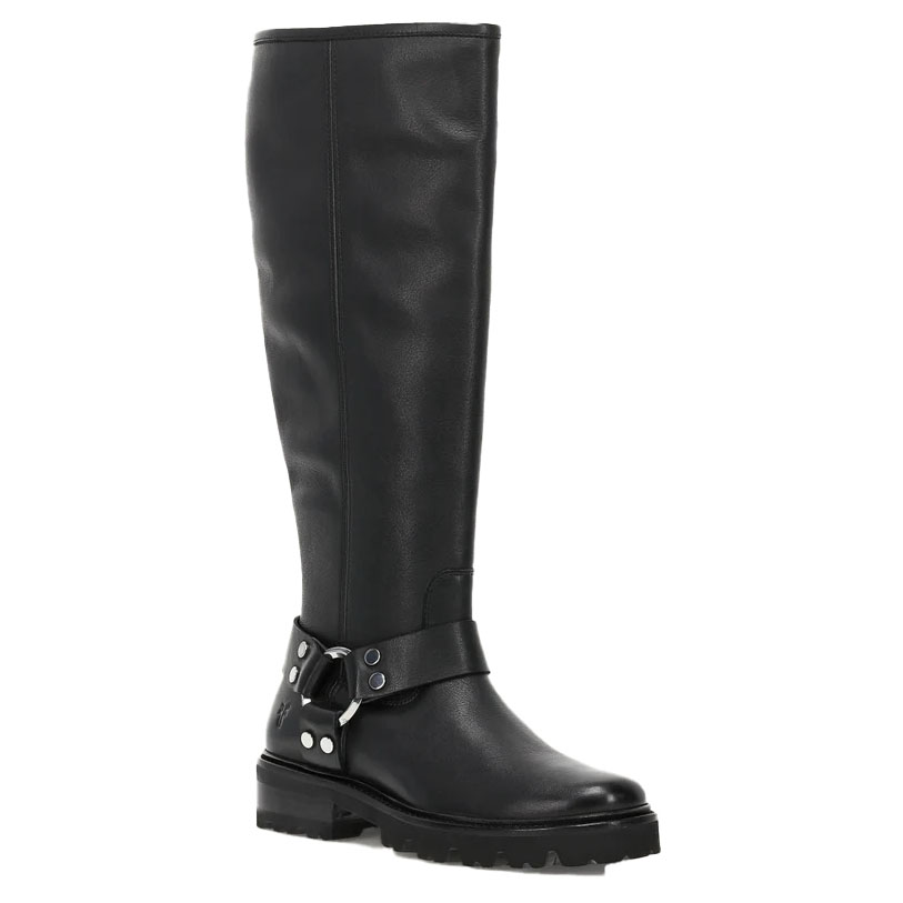 Black knee-high leather boots with a rugged design, featuring a harness strap with silver-tone studs and a low block heel.