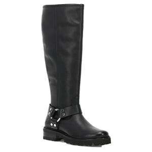 Black knee-high leather boots with a rugged design, featuring a harness strap with silver-tone studs and a low block heel.