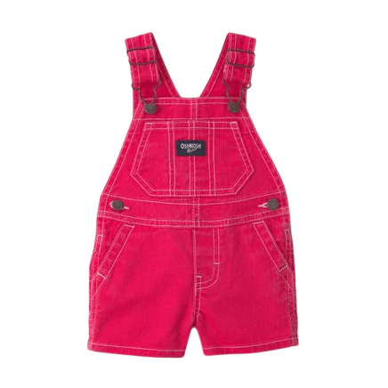 Bright pink children's overalls with adjustable straps, front pocket, and metal button details.