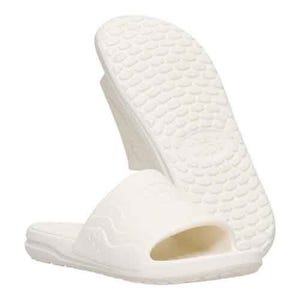 White rubber slide sandals with textured soles and open toes.