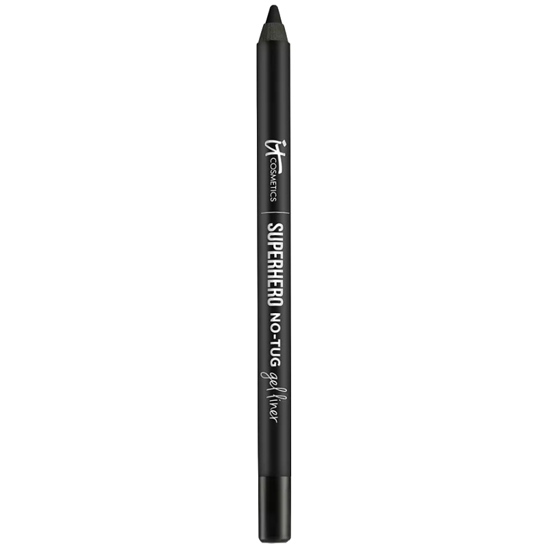 IT Cosmetics Superhero No-Tug Gel Liner is a black gel eyeliner pencil designed to glide smoothly without pulling on the skin, offering easy application.