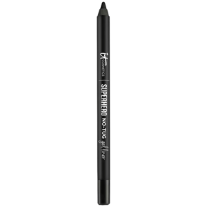 IT Cosmetics Superhero No-Tug Gel Liner is a black gel eyeliner pencil designed to glide smoothly without pulling on the skin, offering easy application.