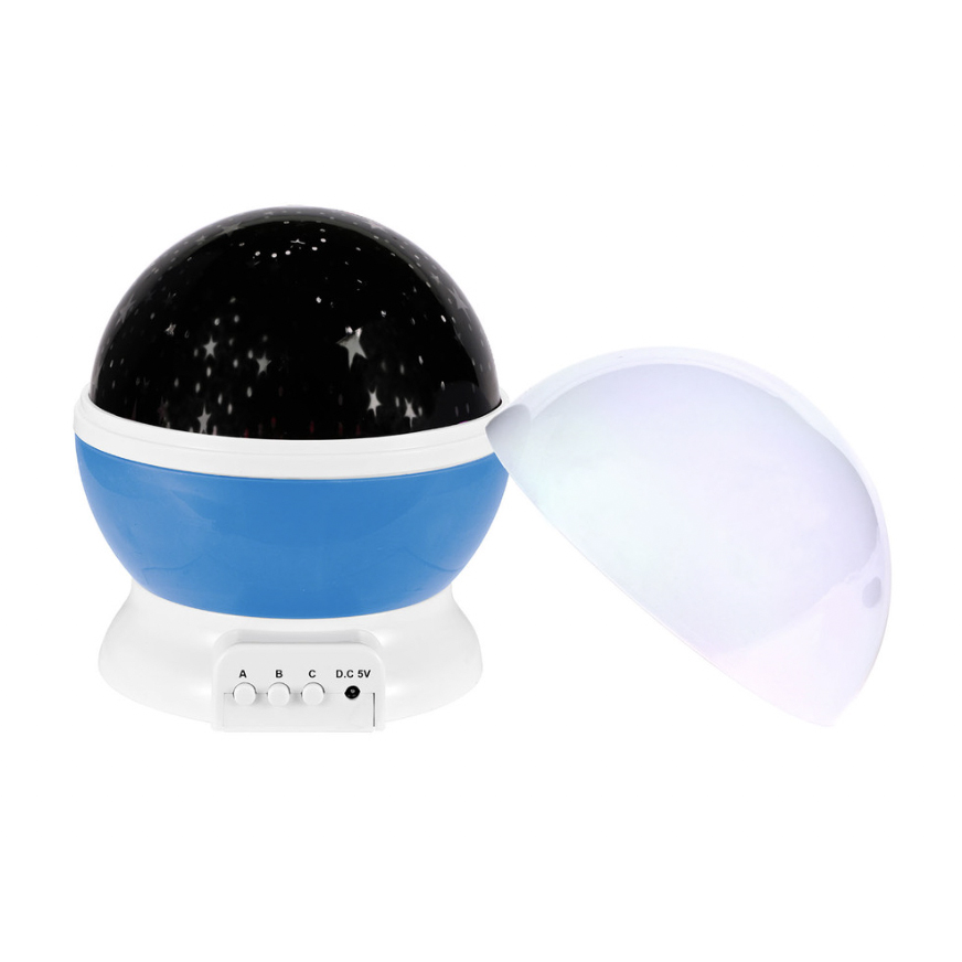 A spherical star projector night lamp with a detachable white dome and blue base, featuring buttons for settings adjustment.