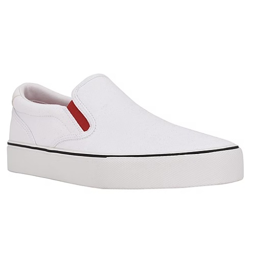 White slip-on sneaker with a thick sole and a red accent on the heel.