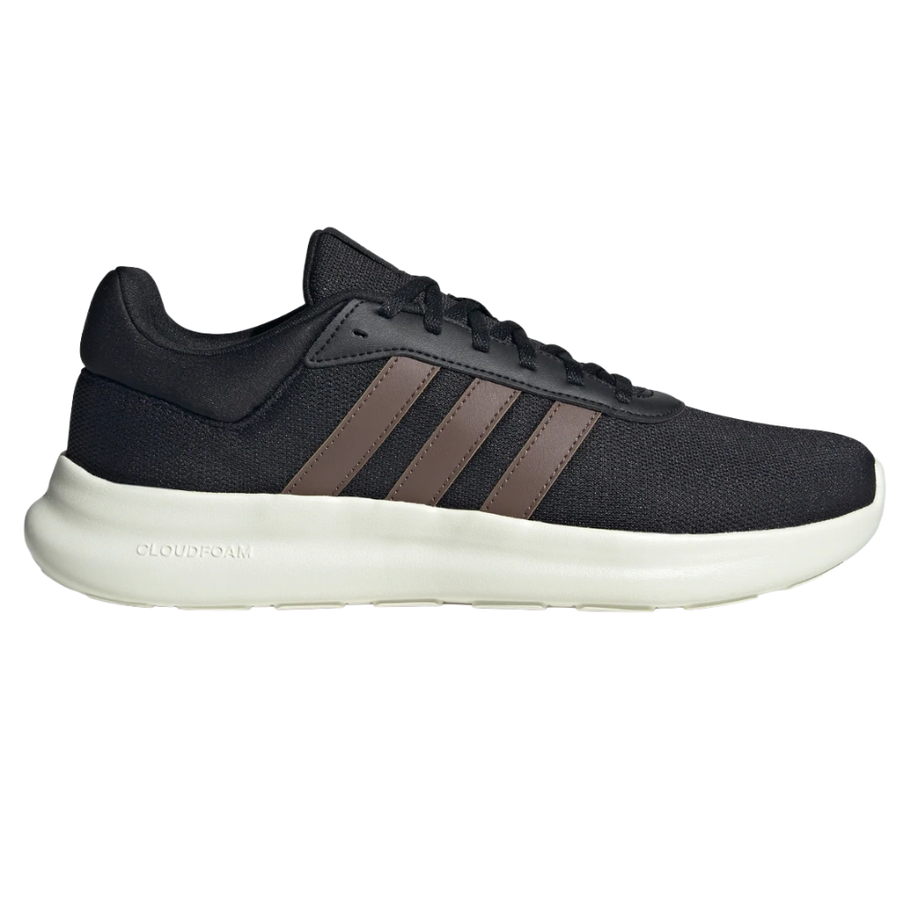 A black sneaker with brown stripes, featuring a white Cloudfoam sole, designed for comfort and casual wear.