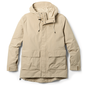 A beige hooded jacket with adjustable drawstrings, large front pockets, and Velcro wrist closures.