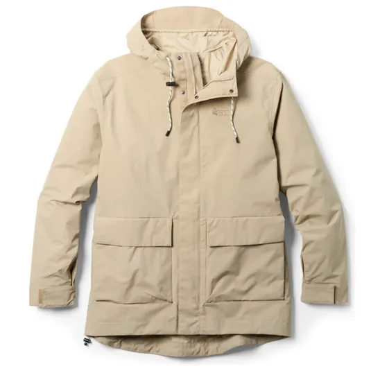 A beige hooded jacket with adjustable drawstrings, large front pockets, and Velcro wrist closures.