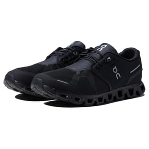 On Cloud 5 shoes are sleek black athletic sneakers featuring a mesh upper for breathability and a unique cloud-like sole design for cushioning and support. They are adorned with the small \“On\“ logo for brand identification.