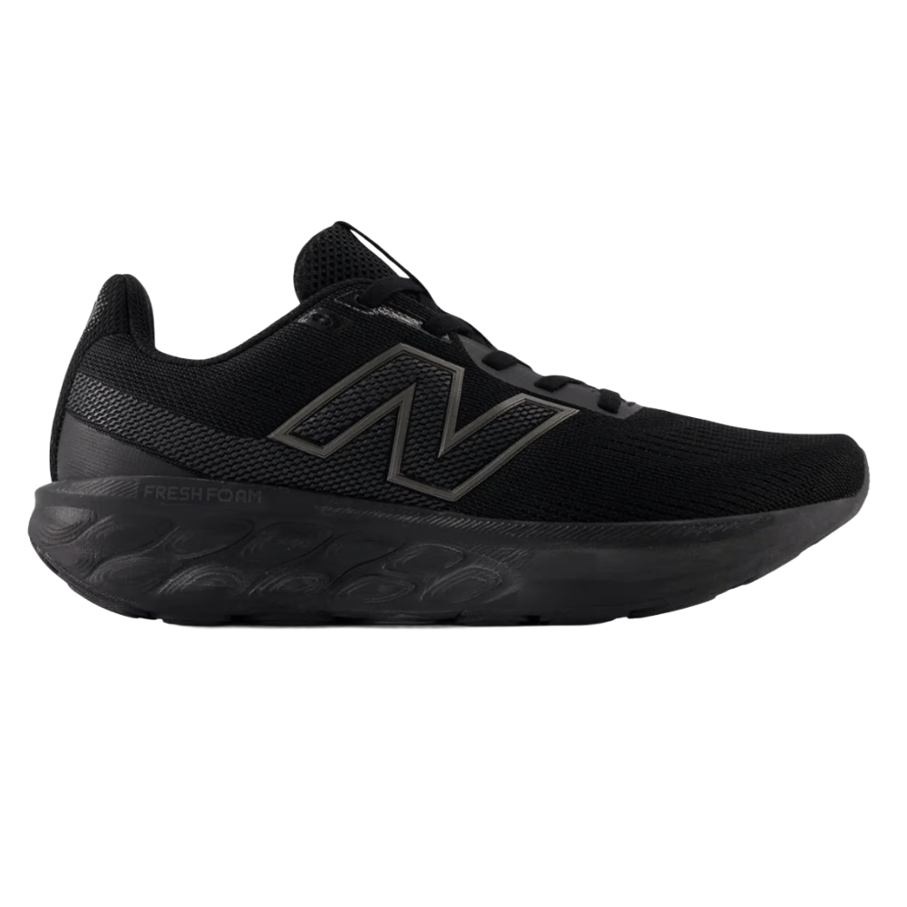 Black New Balance running shoe featuring Fresh Foam cushioning and a large \“N\“ logo.