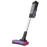 A cordless stick vacuum cleaner with a slim design, featuring a detachable handheld unit and a transparent canister, and a floor brush with a mix of purple and pink accents.
