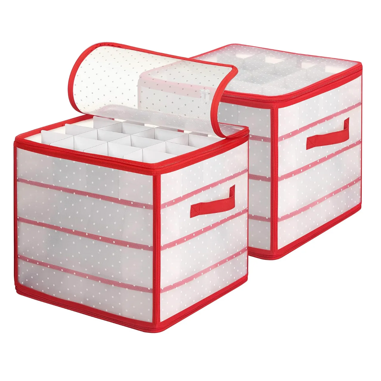 Two red and white polka dot storage containers with handles and lids featuring divided compartments for organized storage.