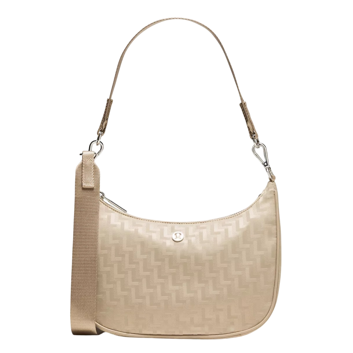 Beige shoulder bag with a zigzag pattern, featuring a detachable strap and a small emblem on the front.