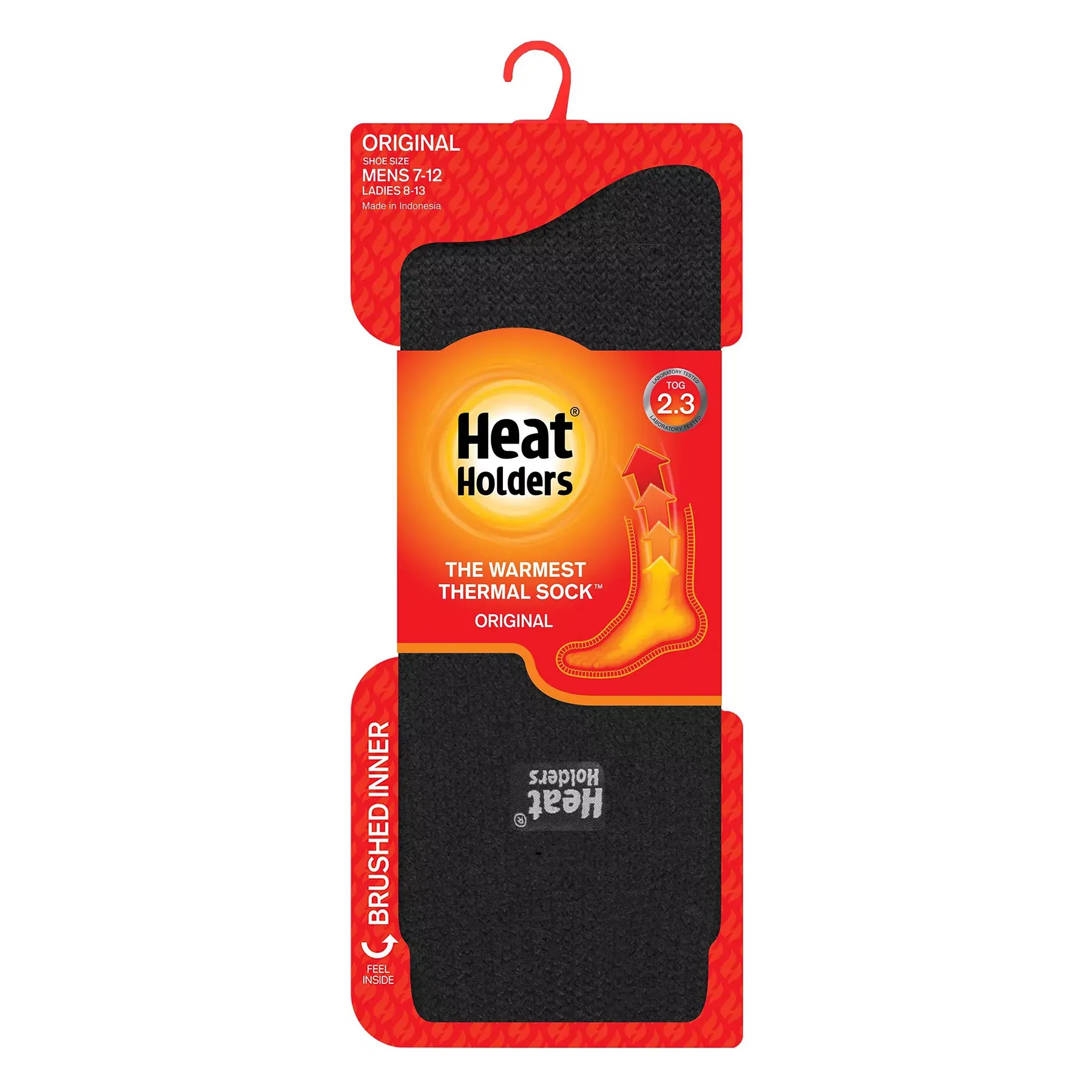 Heat Holders Original thermal socks are designed for warmth, featuring a brushed inner lining with a TOG rating of 2.3. Suitable for men's shoe sizes 7-12 and women's sizes 8-13, made in Indonesia.