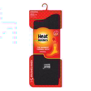 Heat Holders Original thermal socks are designed for warmth, featuring a brushed inner lining with a TOG rating of 2.3. Suitable for men's shoe sizes 7-12 and women's sizes 8-13, made in Indonesia.
