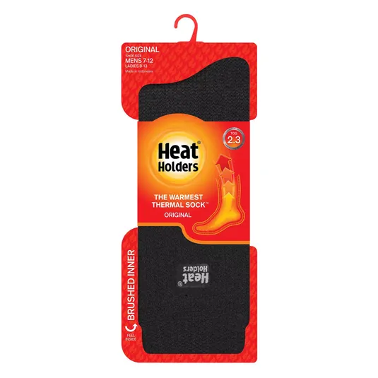 Heat Holders Original thermal socks are designed for warmth, featuring a brushed inner lining with a TOG rating of 2.3. Suitable for men's shoe sizes 7-12 and women's sizes 8-13, made in Indonesia.
