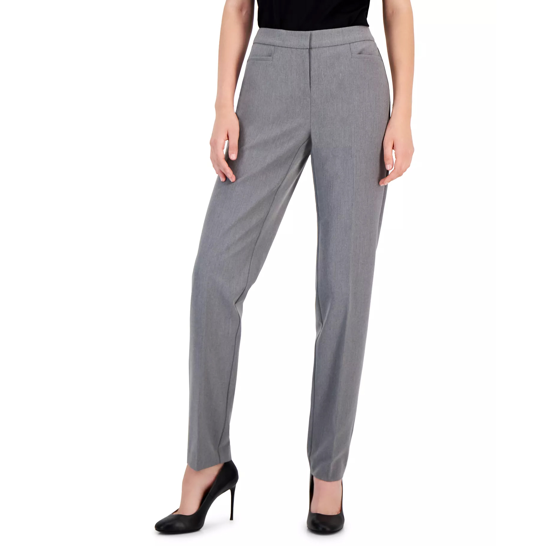 Gray women's dress pants paired with black high heels.