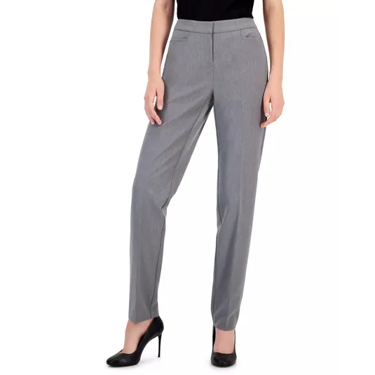 Gray women's dress pants paired with black high heels.