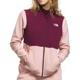 Color-blocked fleece jacket with a full zip, featuring burgundy and pink hues. The North Face logo is visible on the upper right chest.