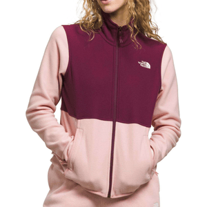 Color-blocked fleece jacket with a full zip, featuring burgundy and pink hues. The North Face logo is visible on the upper right chest.