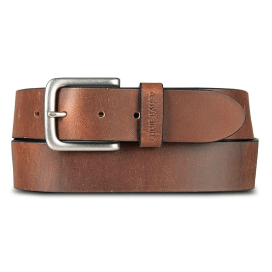 Brown leather belt with a silver buckle and embossed brand name on the loop.