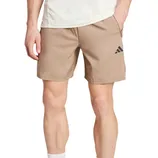 Tan athletic shorts with side pockets and a black Adidas logo on the left leg.