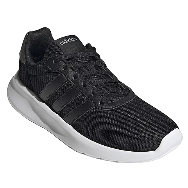 A black Adidas sneaker with a white sole, featuring a mesh upper and the signature three stripes on the side.