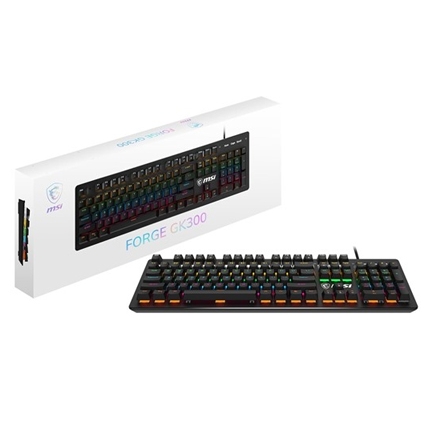 A MSI FORGE GK300 mechanical gaming keyboard alongside its packaging box.