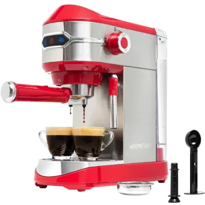 Red and stainless steel espresso machine with a steaming wand, brewing two cups of espresso, accompanied by a tamper, scoop, and filter basket.