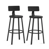 Two black bar stools with metal legs, circular seats, and rectangular backrests. Each stool includes a round footrest and rivet details on the seat edge, featuring a modern industrial design.