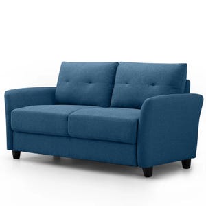 Blue upholstered loveseat with tufted back cushions, rounded armrests, and black cylindrical legs. Ideal for compact living spaces.