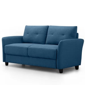 Blue upholstered loveseat with tufted back cushions, rounded armrests, and black cylindrical legs. Ideal for compact living spaces.