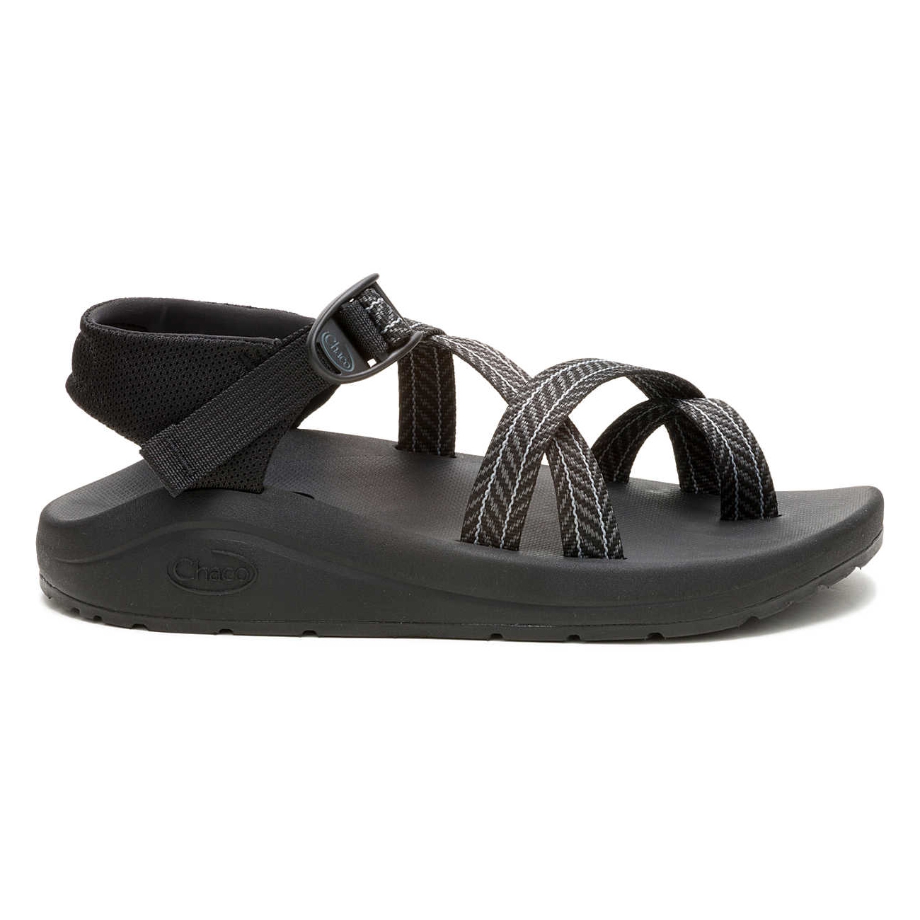 A black Chaco sandal featuring adjustable straps, a cushioned footbed, and sturdy rubber sole, designed for comfort and versatility in outdoor activities.