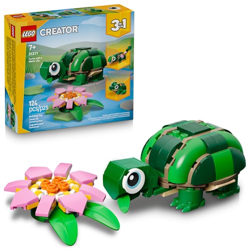LEGO Creator 3-in-1 Turtle set for ages 7+, featuring a turtle with a pink flower and options to build two additional models. Contains 124 pieces.