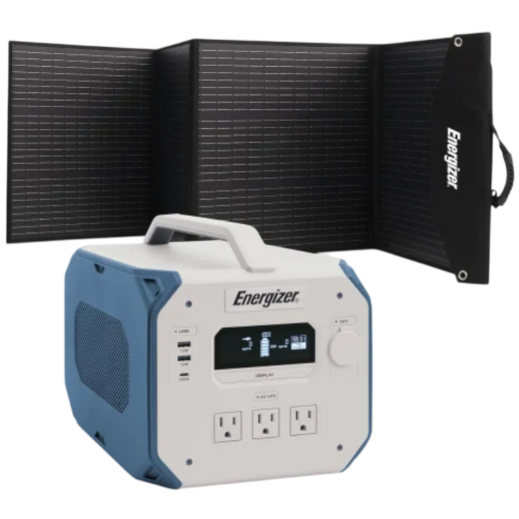 A portable power station with multiple outlets and ports is shown alongside a foldable solar panel, both branded Energizer.