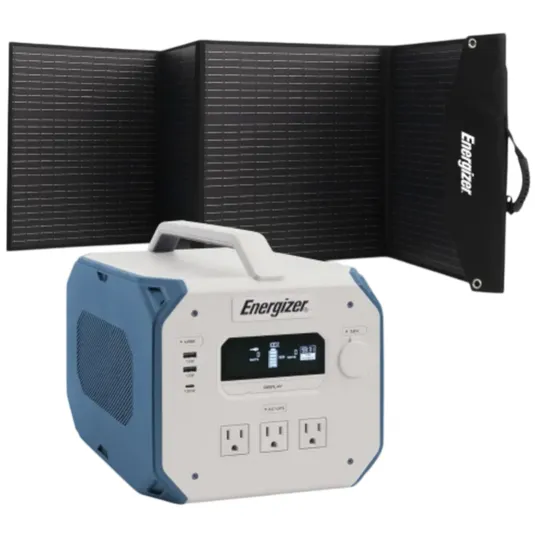 A portable power station with multiple outlets and ports is shown alongside a foldable solar panel, both branded Energizer.
