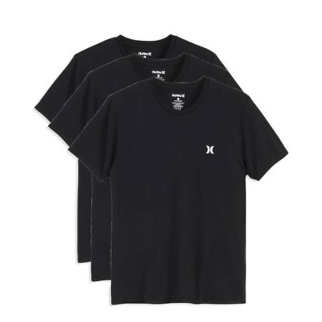 Three black Hurley T-shirts are shown, each featuring a small white Hurley logo on the front. They are stacked with short sleeves and a crew neck design.