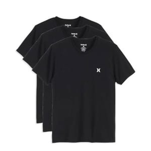 Three black Hurley T-shirts are shown, each featuring a small white Hurley logo on the front. They are stacked with short sleeves and a crew neck design.