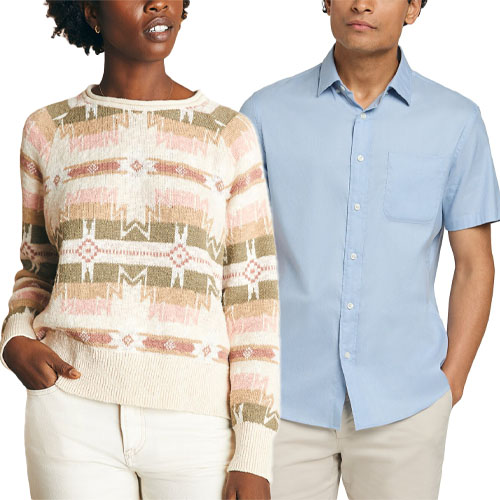 A person wears a patterned sweater with beige, pink, and brown tones, and another person wears a light blue short-sleeve button-up shirt with beige pants.