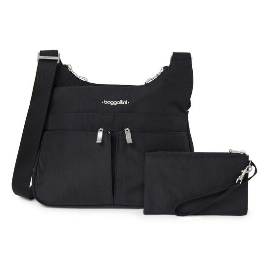 A black Baggallini crossbody bag with dual front zippers, adjustable strap, and matching wristlet pouch. The design is simple and functional, suitable for everyday use.
