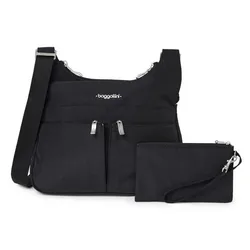 A black Baggallini crossbody bag with dual front zippers, adjustable strap, and matching wristlet pouch. The design is simple and functional, suitable for everyday use.