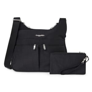 A black Baggallini crossbody bag with dual front zippers, adjustable strap, and matching wristlet pouch. The design is simple and functional, suitable for everyday use.