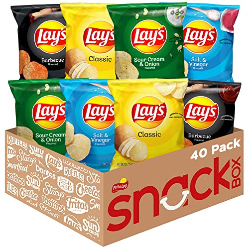 A variety of Lay's Potato Chips in flavors like Classic, Barbecue, Sour Cream & Onion, and Salt & Vinegar, presented in a 40-pack snack box.