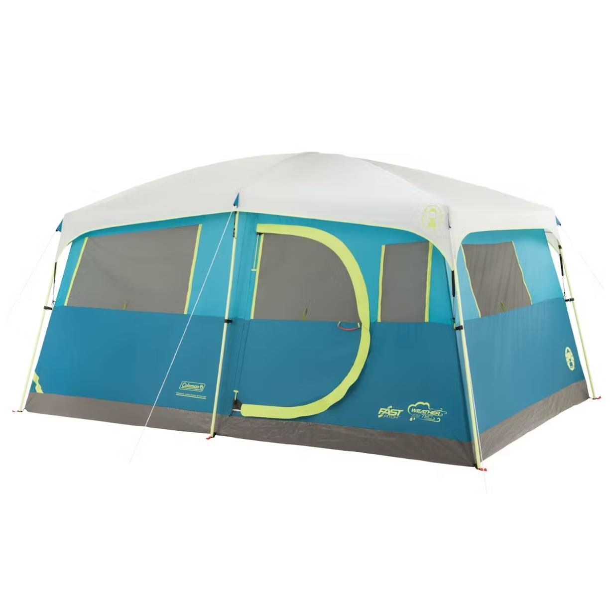 Coleman 8-Person Tent with an instant cabin design features blue and white panels, large mesh windows, and a wide, D-shaped door. Its spacious interior and easy setup make it suitable for family camping trips.