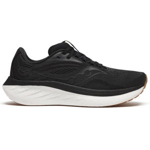 Black Saucony running shoe with a sleek design, featuring a white cushioned midsole and a gum rubber outsole.