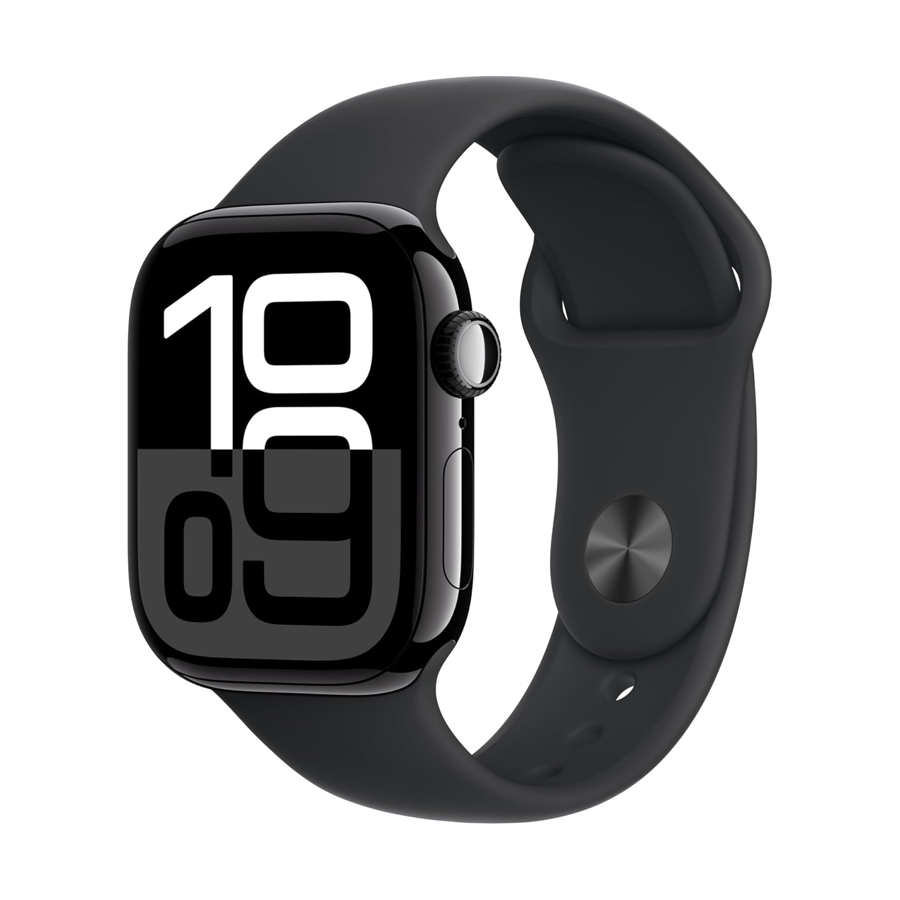 A smartwatch with a sleek black design featuring a large digital display and a black silicone strap, showcasing bold numbers for easy readability.